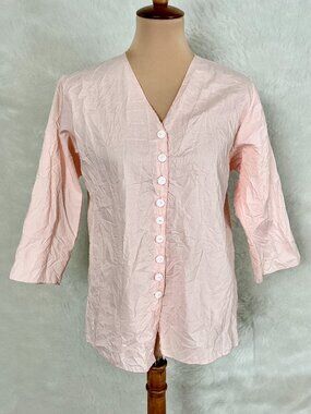 Noblu Pink Crinkle V-Neck Button Front Artsy Lagenlook Blouse M